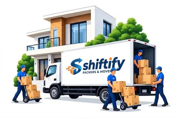 Shiftify crew loading a branded truck outside a family home