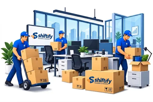 Shiftify movers packing desks and equipment in an office